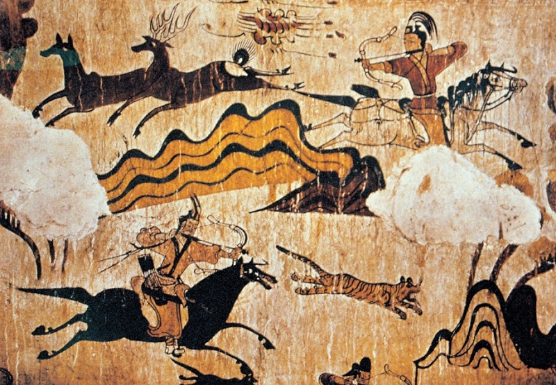 Fonte: Korea.net (2026) - Pintura de cenas de caça na Tumba dos Dançarinos (Goguryeo, século V)